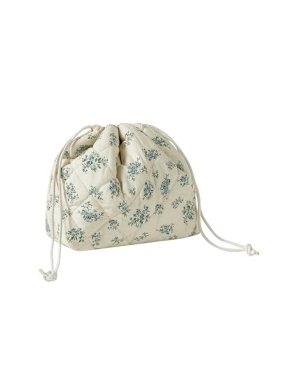 Blue Floral Quilted Drawstring Makeup Bag Toiletry Pouch Travel Cosmetic Bag